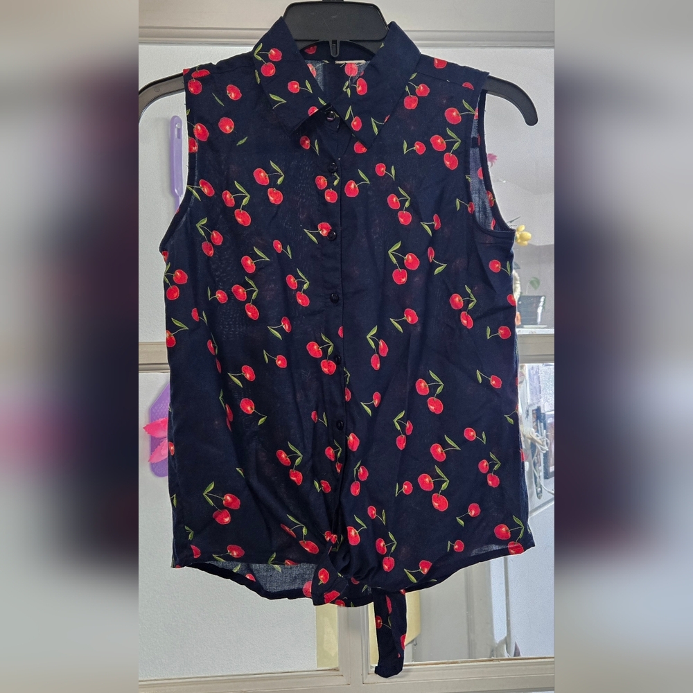 Cherries Navy Blue Blouse Retro 80s Front Tie Top Button Up Size Womens Small